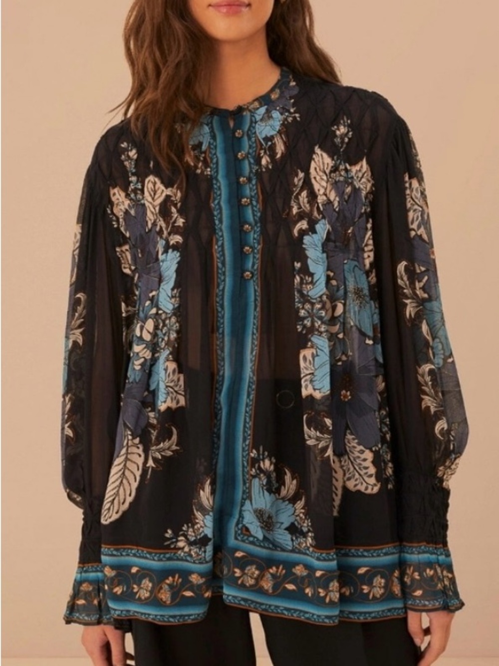EUC FARM Rio Black Tunic with Teal and Blue Floral Trim - Picture 5 of 6